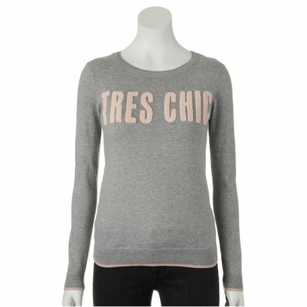 Elle Soft Gray Sweater with Pink Tres Chic Size Large